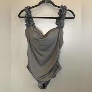 Eomenie Ribbed One Piece Swimsuit NWT Large Ruffle Straps Black Tummy Control